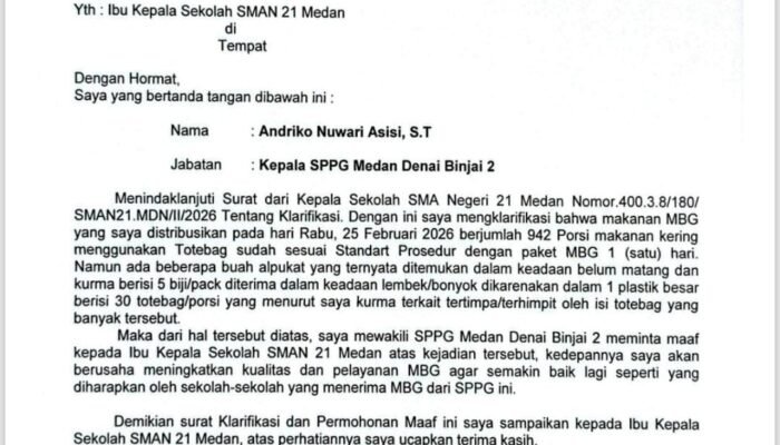 Buntut Protes Wali Murid SMAN 21 Medan, Kepala SPPG Medan-Binjai 2 Akui Kesalahan dan Minta Maaf