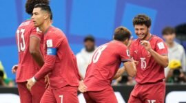 Pemain Portugal Joao Neves (kanan) merayakan gol pada laga Grup K Piala Dunia 2026 antara Portugal vs RD Kongo di Houston, Rabu, 17 Juni 2026 (c) AP Photo/Karen Warren