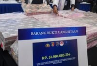 Petugas Direktorat Tindak Pidana Siber (Dittipidsiber) Polri menata barang bukti berupa pecahan uang 100 ribu rupiah saat pengungkapan kasus kejahatan siber di Gedung Awaloedin Djamin Bareskrim Polri, Jakarta, Kamis (3/9/2026). ANTARA FOTO/Muhammad Adimaja/agr